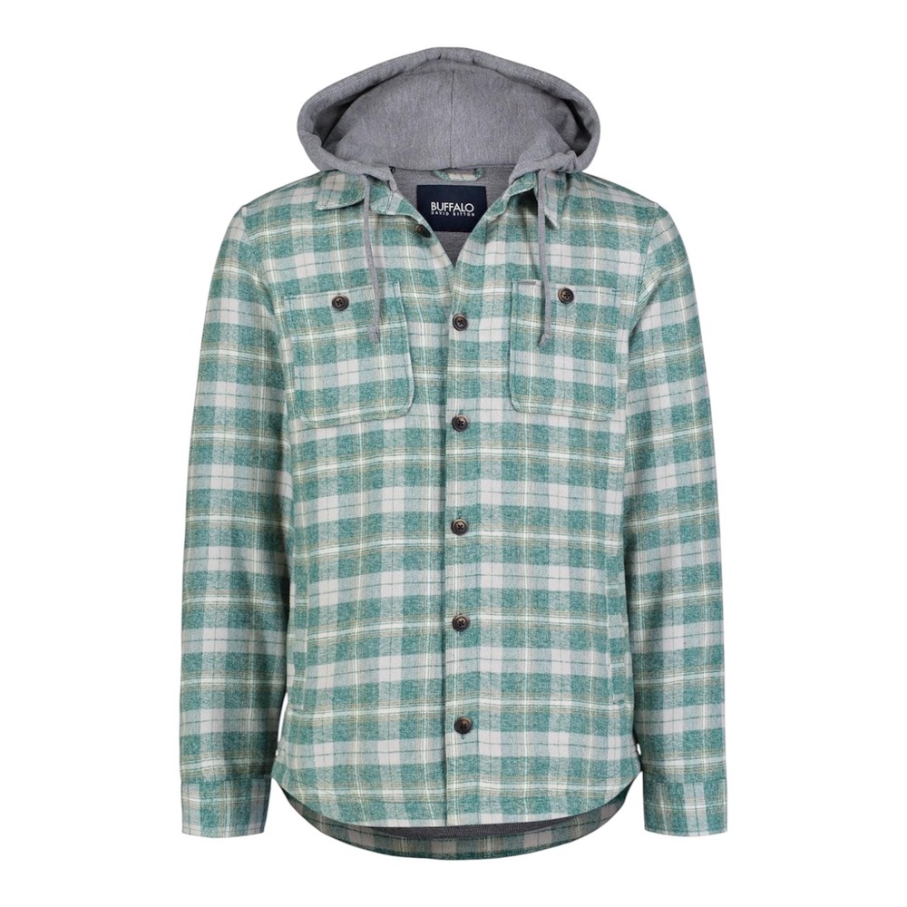 Buffalo David Men's Jakeim Plaid Flannel Hooded Shirt-Jacket Rain Forest‎ size M